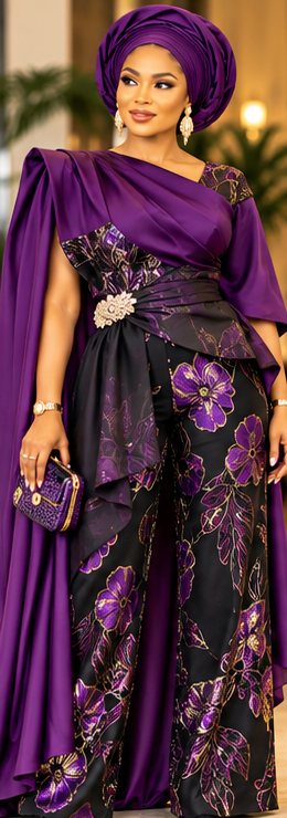 Concept mockup of purple shoulder drape and black floral statement trousers