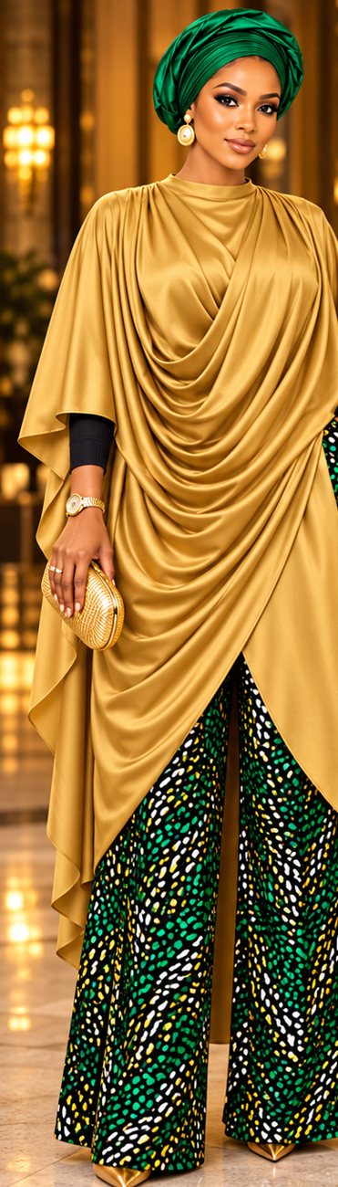 Concept mockup of gold draped top, patterned green trousers and gele