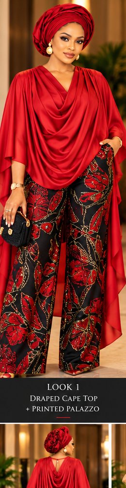 Concept mockup of red draped blouse and black and red floral trousers
