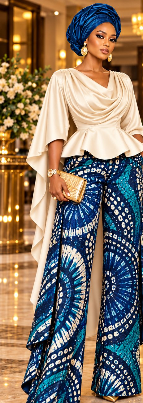 Concept mockup of ivory sculpted peplum blouse with sapphire blue patterned trousers